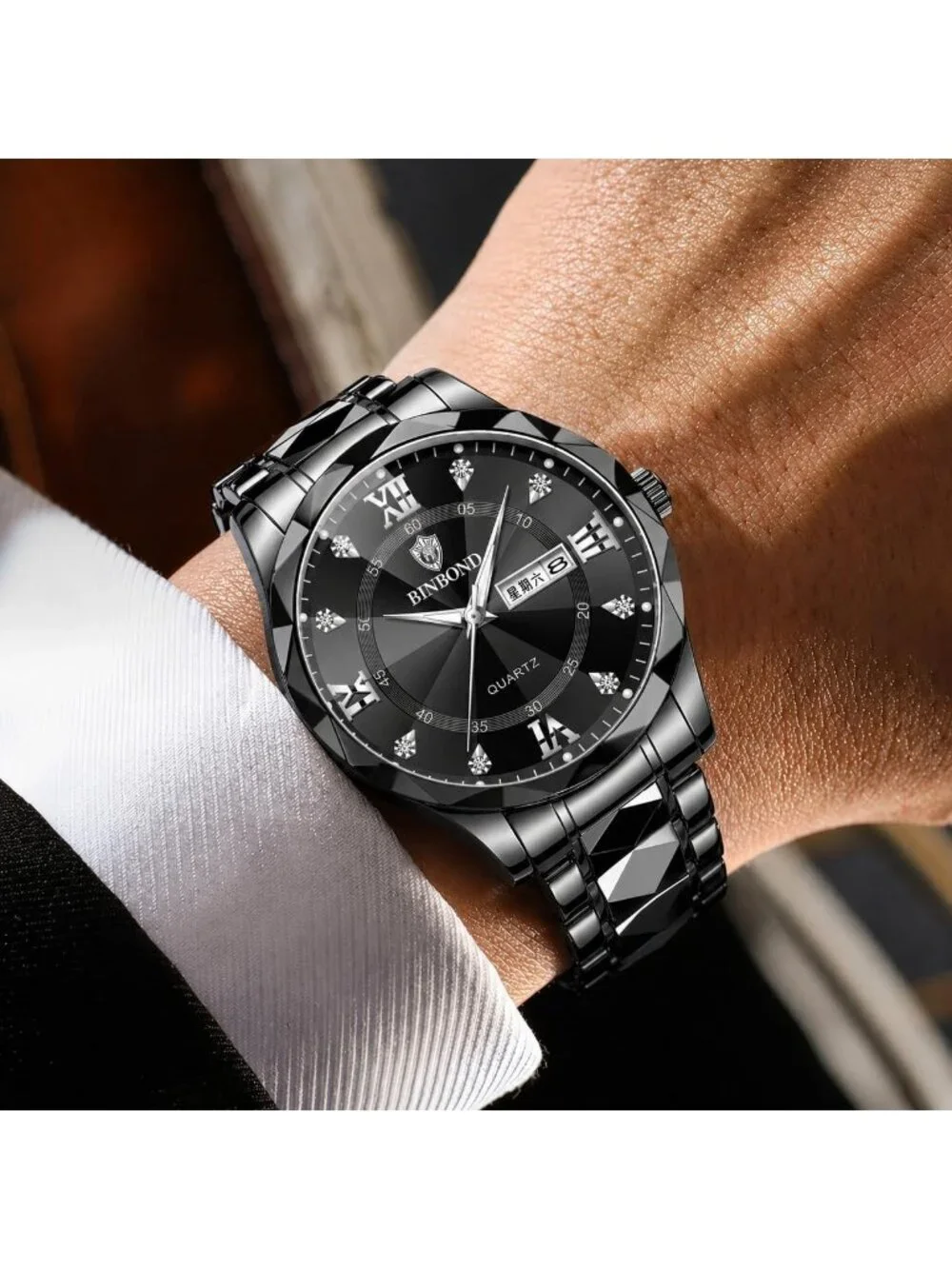 Men's All Black Analog Stainless Steel Roman Numeral Diamond Waterproof Watch